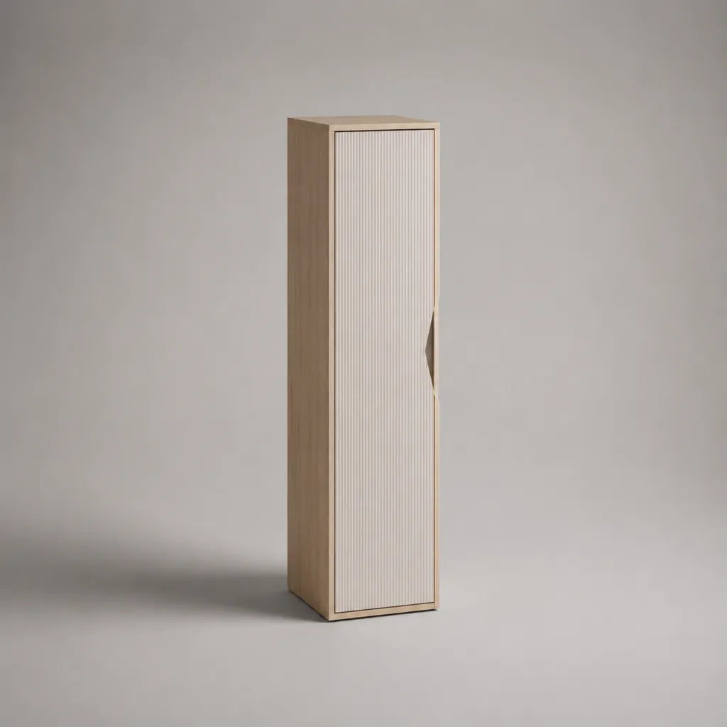 Colonne de rangement sur pied à 2 portes en MDF et panneau mélaminé, chêne clair et blanc mat, 30 × 30 × 150 cm