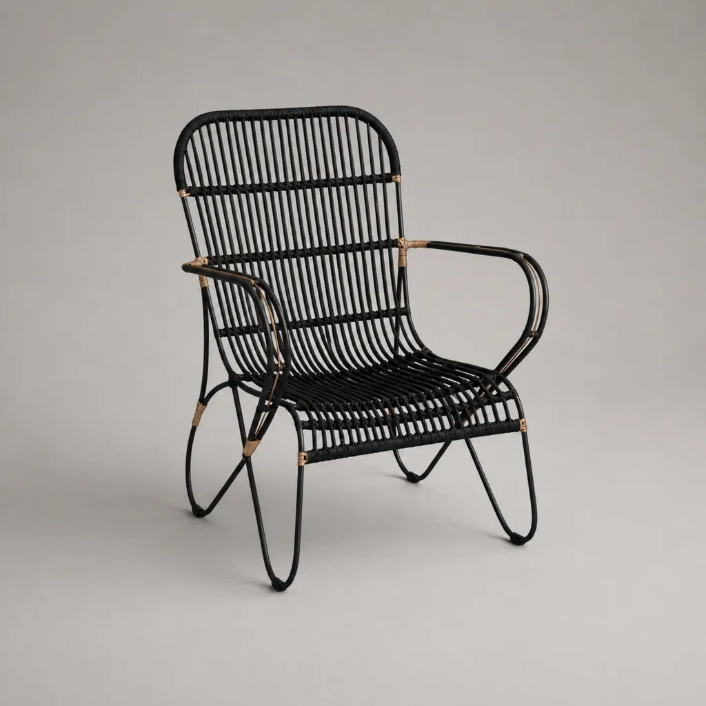 Fauteuil de jardin en résine tressée et acier noir et beige, 58 × 64 × 87 cm