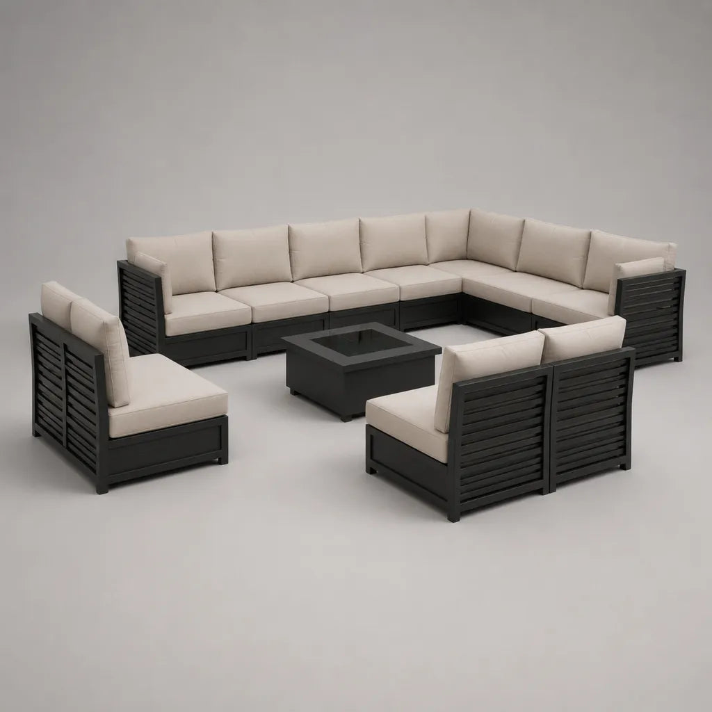 Salon de jardin modulable 9 places en aluminium et tissu avec canapé d’angle, canapé 2 places, fauteuil et table basse, anthracite et beige, 330 × 300 × 75 cm