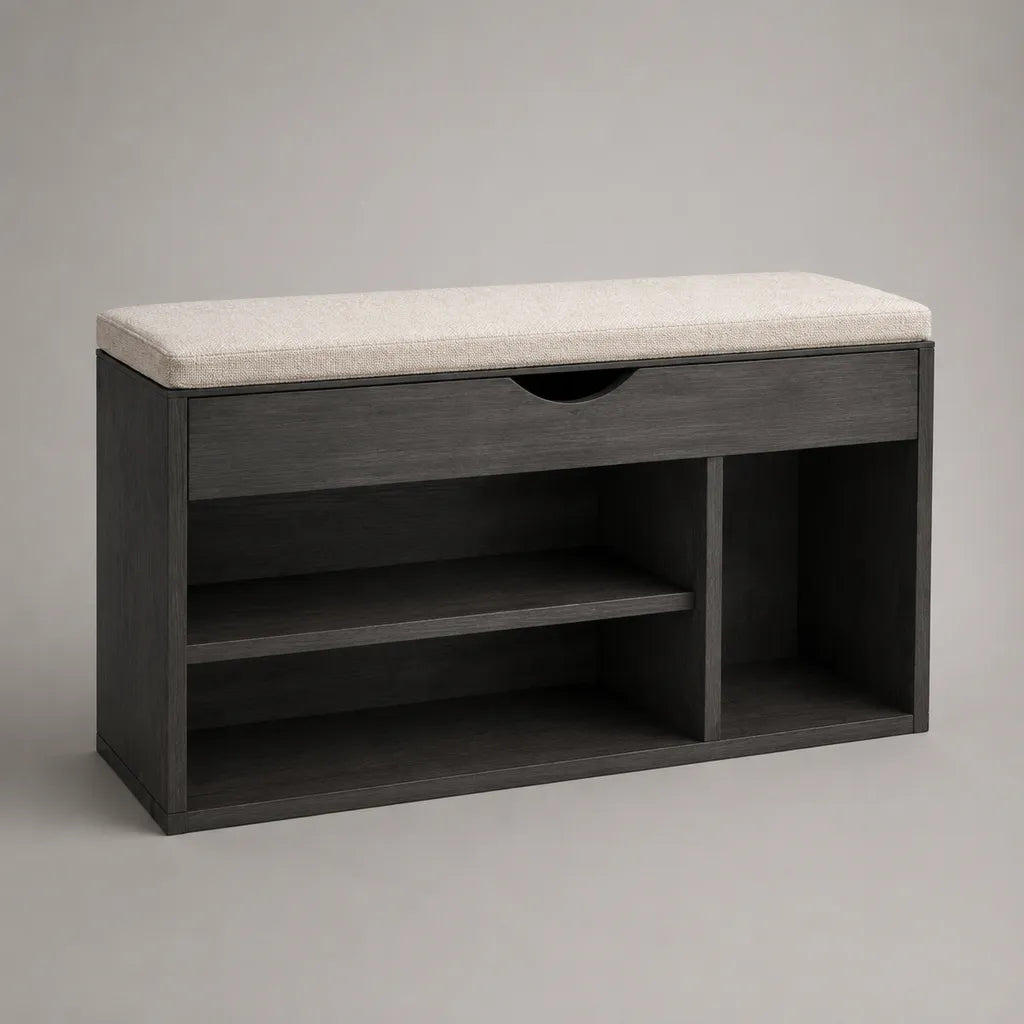 Meuble à chaussures en bois avec banc rembourré, tiroir et 3 compartiments, gris anthracite et beige, 100 × 35 × 60 cm