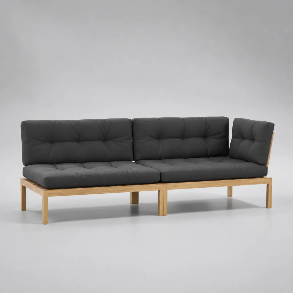 Canapé de jardin 3 places en bois, ensemble de 2 modules avec coussins gris anthracite, 204 x 76 x 72 cm