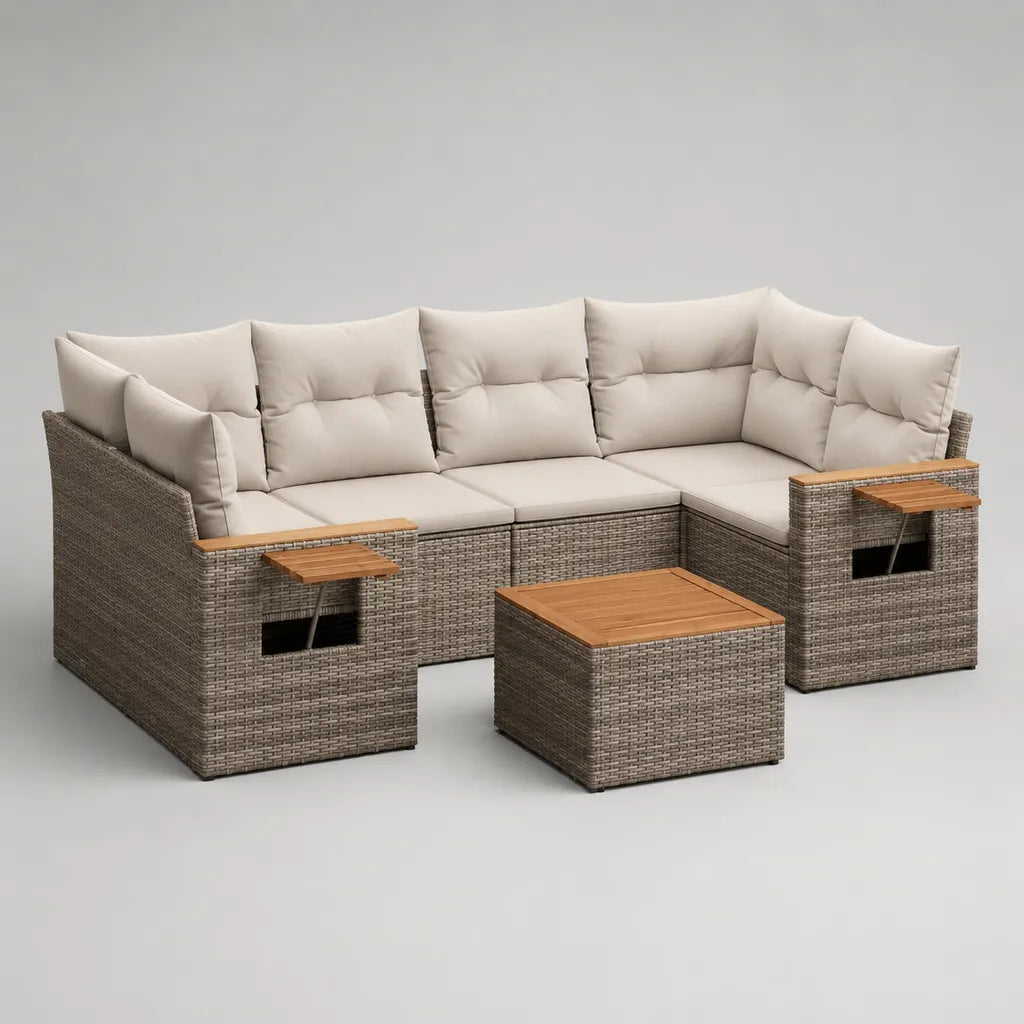 Ensemble canapé de jardin d’angle 4 places en résine tressée PE taupe avec coussins beiges et table basse, 250 × 190 × 90 cm