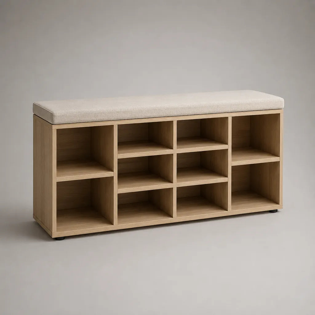 Banc meuble à chaussures rectangulaire en panneaux de particules avec 10 compartiments et coussin en polyester, chêne clair et beige, 120 × 35 × 60 cm