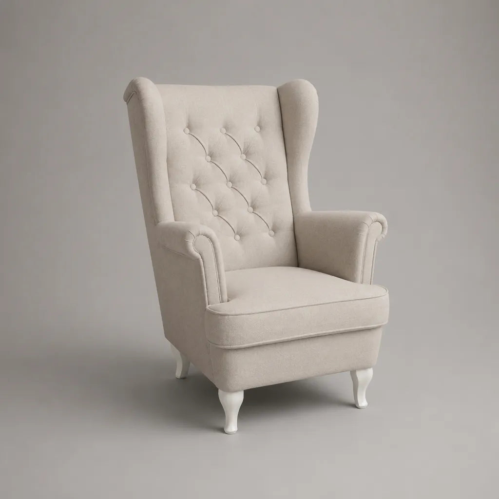 Fauteuil bergère à oreilles en tissu beige et pieds blancs, 82 × 88 × 112 cm