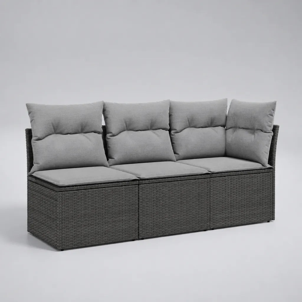 Canapé de jardin 3 places avec 3 coffres de rangement en résine tressée PE gris anthracite et coussins gris clair, 198 × 65 × 92 cm