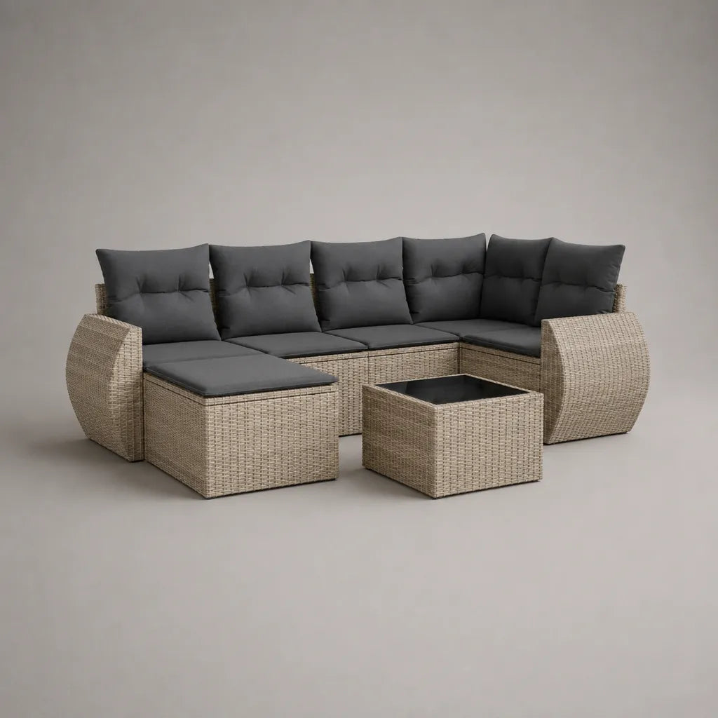 Ensemble de jardin d’angle 5 places en résine tressée beige avec coussins gris anthracite, table basse et pouf, 230 × 170 × 75 cm