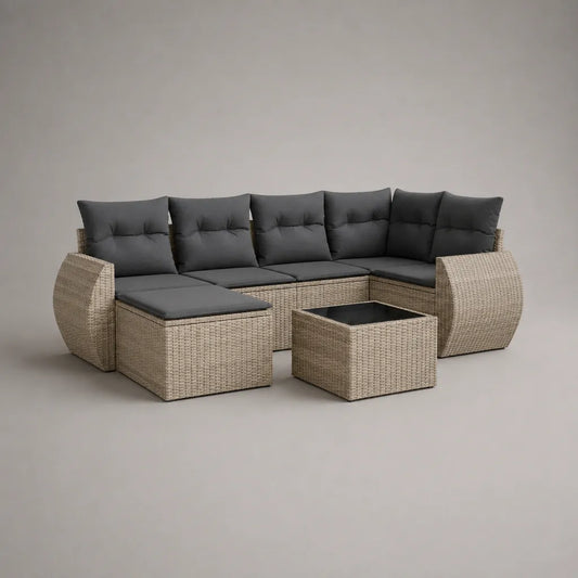 Ensemble de jardin d’angle 5 places en résine tressée beige avec coussins gris anthracite, table basse et pouf, 230 × 170 × 75 cm