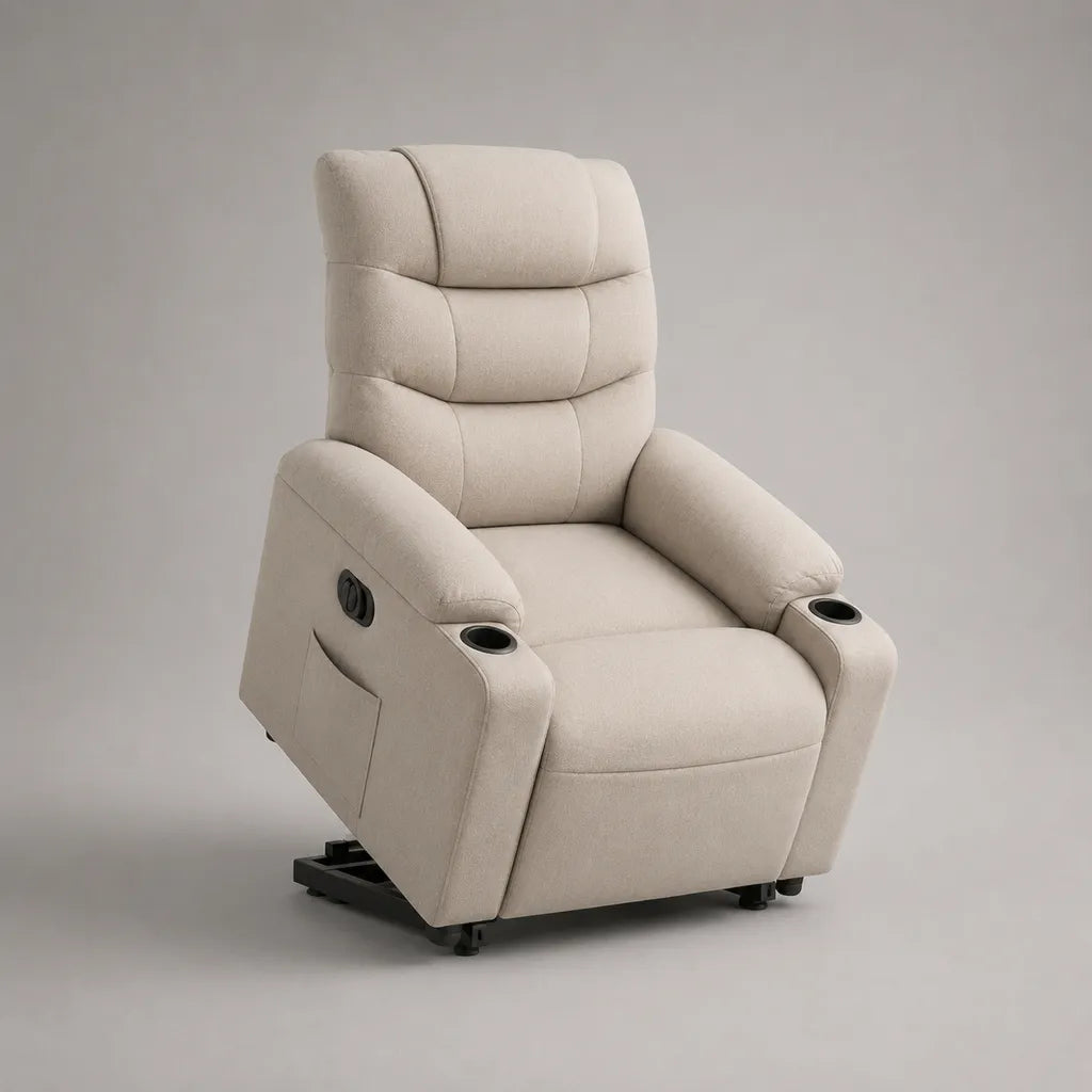 Fauteuil releveur électrique inclinable en tissu polyester beige avec dossier haut et 2 porte-gobelets, 88 x 94 x 108 cm