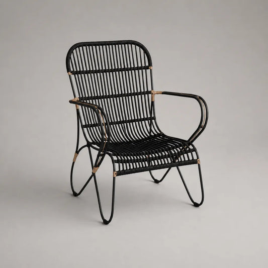 Fauteuil de jardin en résine tressée et acier noir et beige, 58 × 64 × 87 cm