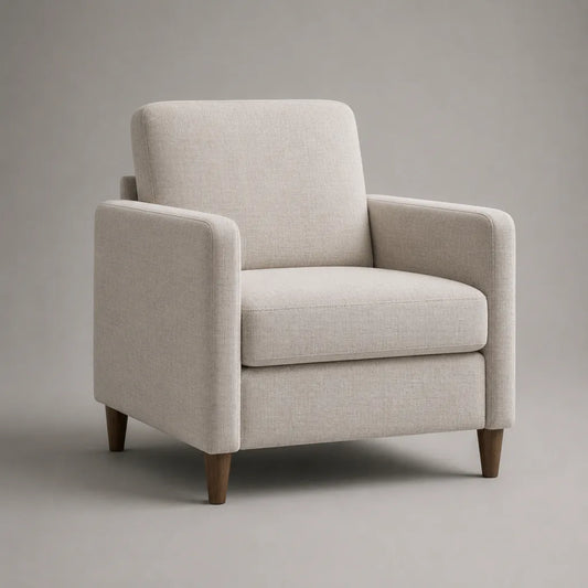 Fauteuil rembourré en tissu beige avec accoudoirs droits et pieds en bois, 80 × 82 × 86 cm