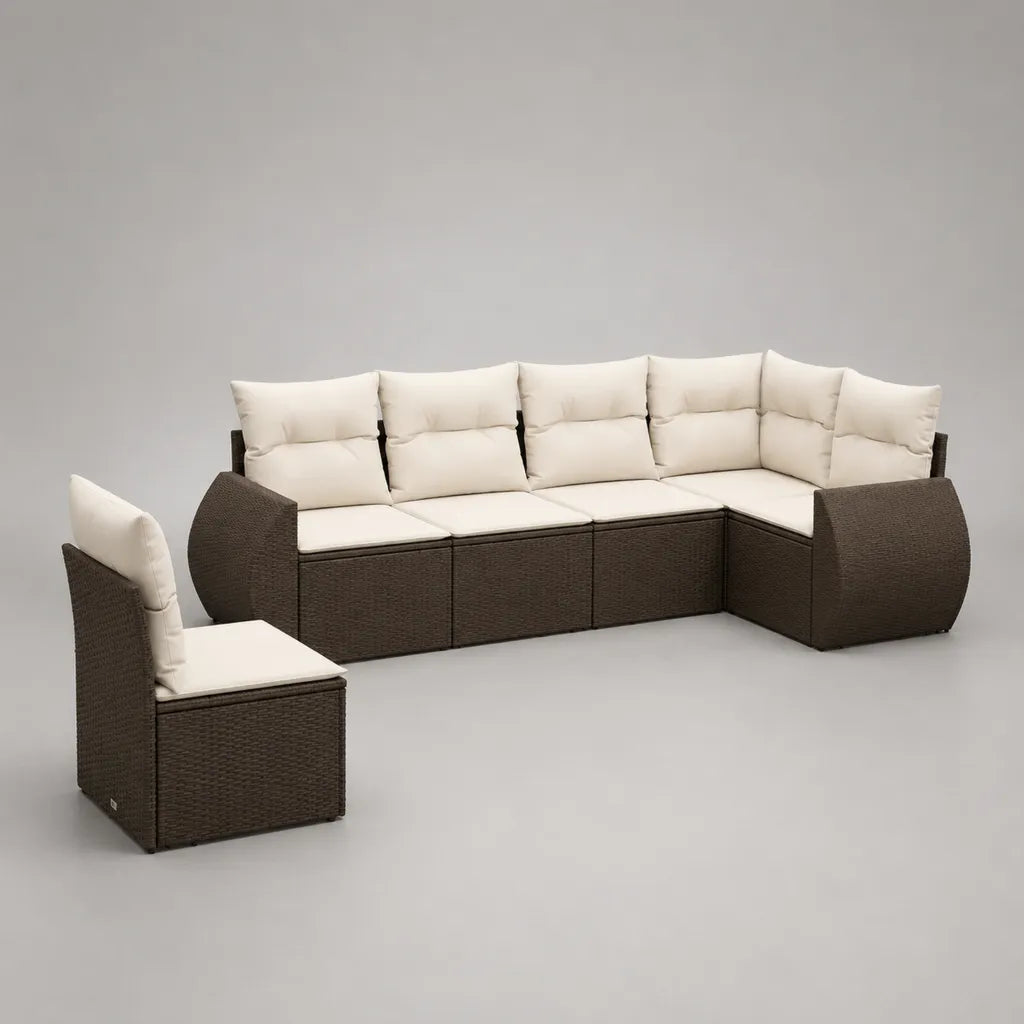 Salon de jardin modulable 6 pièces et 6 places en L en résine tressée PE brune avec coussins écrus, 270 × 140 × 78 cm