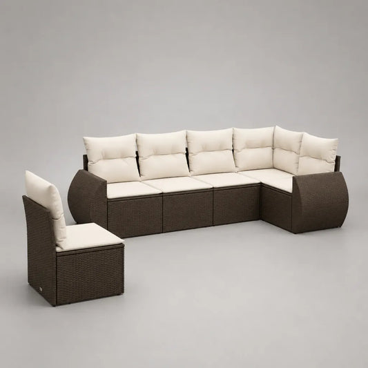 Salon de jardin modulable 6 pièces et 6 places en L en résine tressée PE brune avec coussins écrus, 270 × 140 × 78 cm