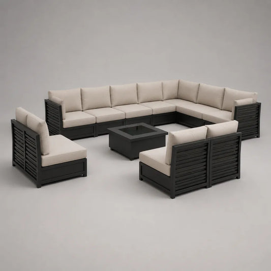 Salon de jardin modulable 9 places en aluminium et tissu avec canapé d’angle, canapé 2 places, fauteuil et table basse, anthracite et beige, 330 × 300 × 75 cm