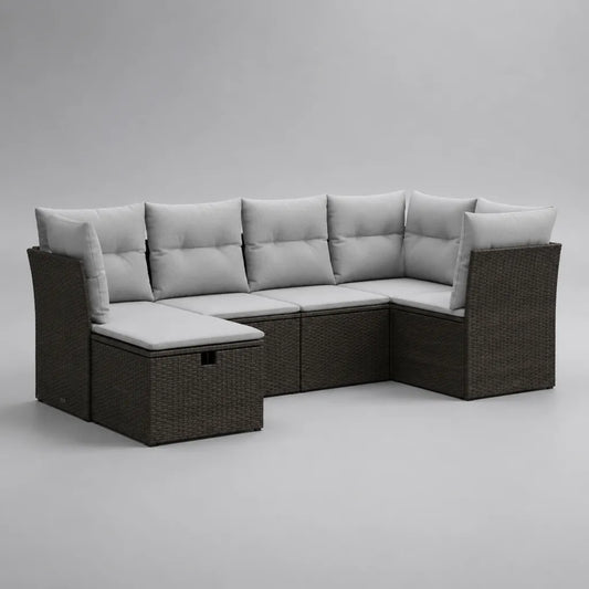 Canapé de jardin d’angle 6 places en résine PE tressée et acier avec coussins gris clair, 250 × 180 × 75 cm