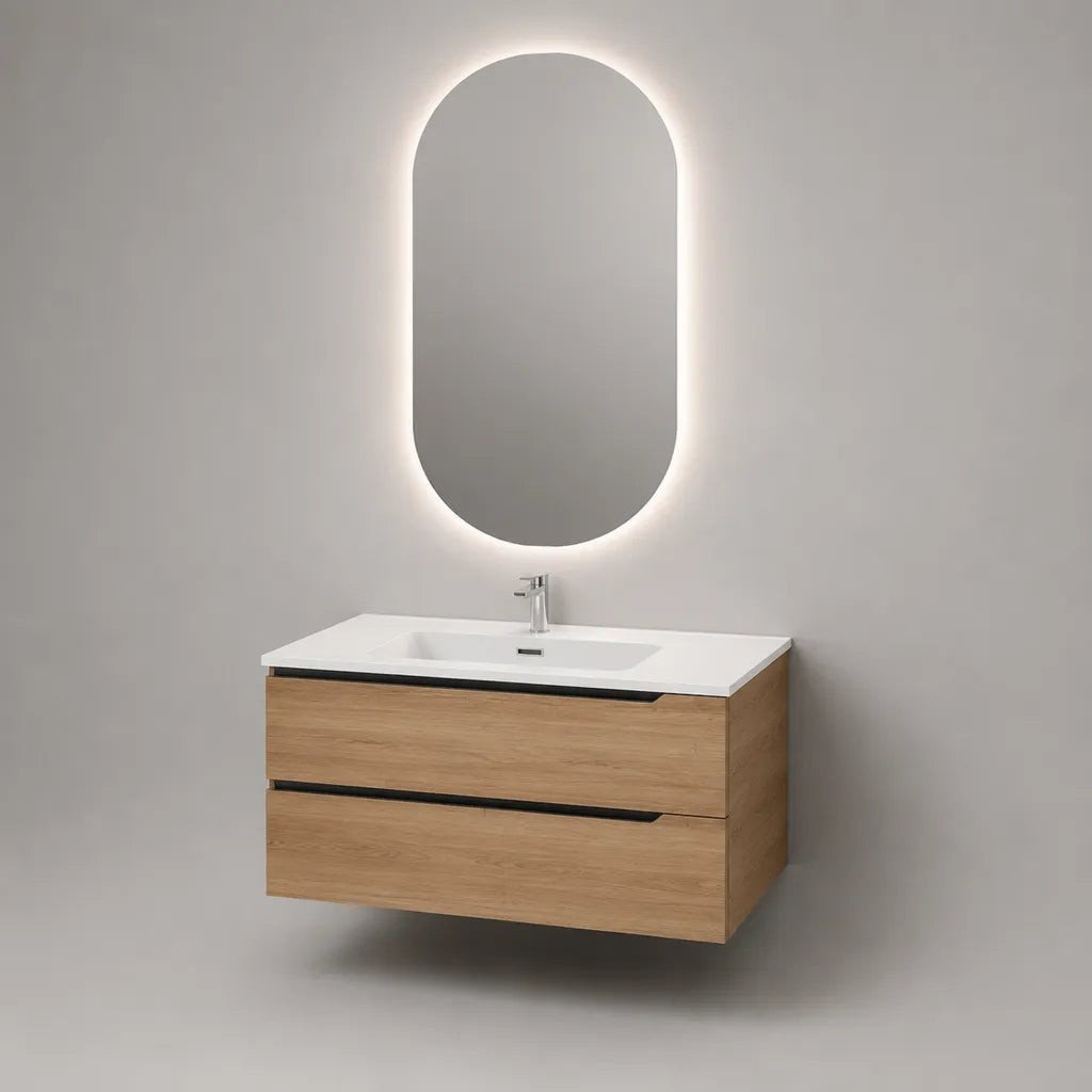 Meuble sous-vasque suspendu en MDF effet chêne naturel avec vasque en céramique blanche, 2 tiroirs, 100 × 46 × 55 cm