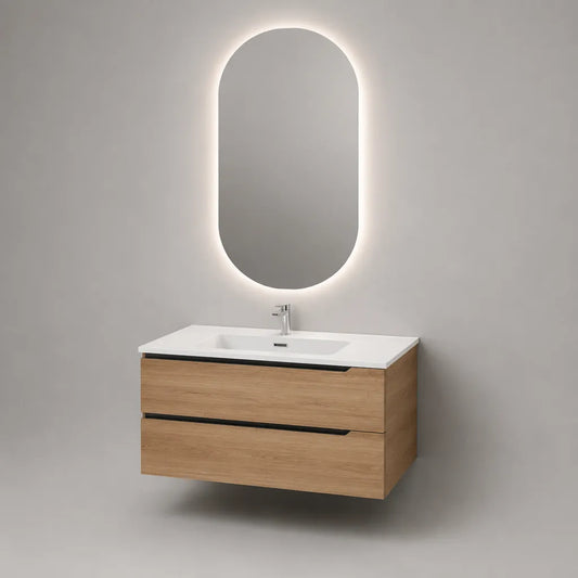 Meuble sous-vasque suspendu en MDF effet chêne naturel avec vasque en céramique blanche, 2 tiroirs, 100 × 46 × 55 cm