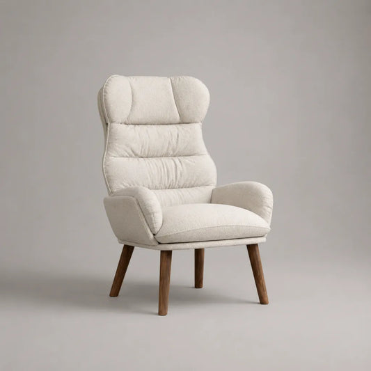 Fauteuil à dossier haut en tissu bouclé ivoire avec accoudoirs et pieds en bois, 72 × 78 × 101 cm