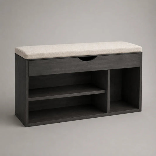 Meuble à chaussures en bois avec banc rembourré, tiroir et 3 compartiments, gris anthracite et beige, 100 × 35 × 60 cm