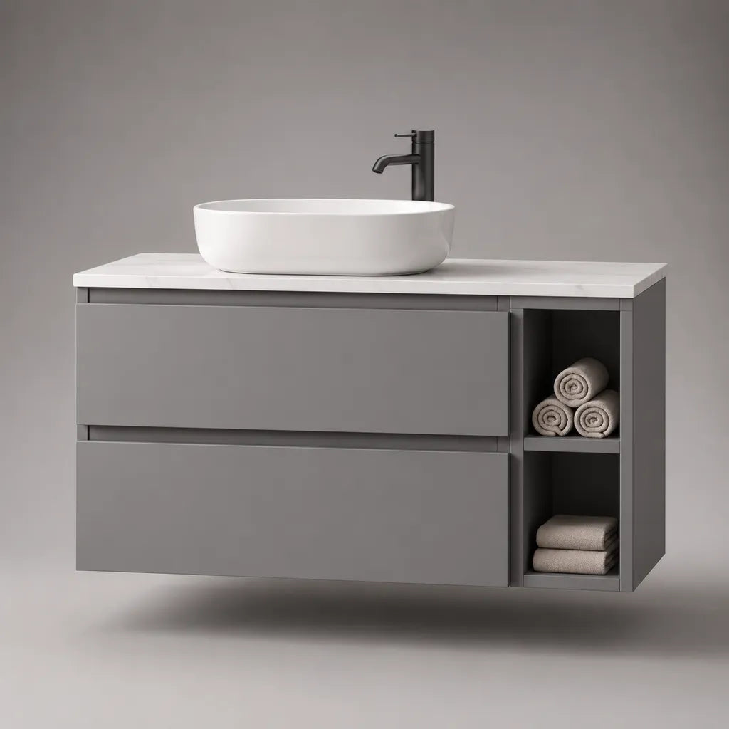 Ensemble meuble sous-vasque suspendu en MDF gris mat 100 × 48 × 55 cm avec plan en quartz, vasque en céramique blanche 50 × 38 × 14 cm et robinet noir