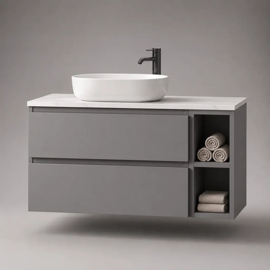 Ensemble meuble sous-vasque suspendu en MDF gris mat 100 × 48 × 55 cm avec plan en quartz, vasque en céramique blanche 50 × 38 × 14 cm et robinet noir