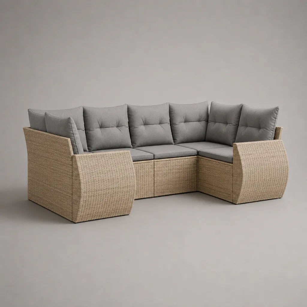 Canapé d’angle de jardin 5 places en résine tressée PE beige et tissu gris, ensemble modulaire 3 éléments, 230 × 165 × 85 cm