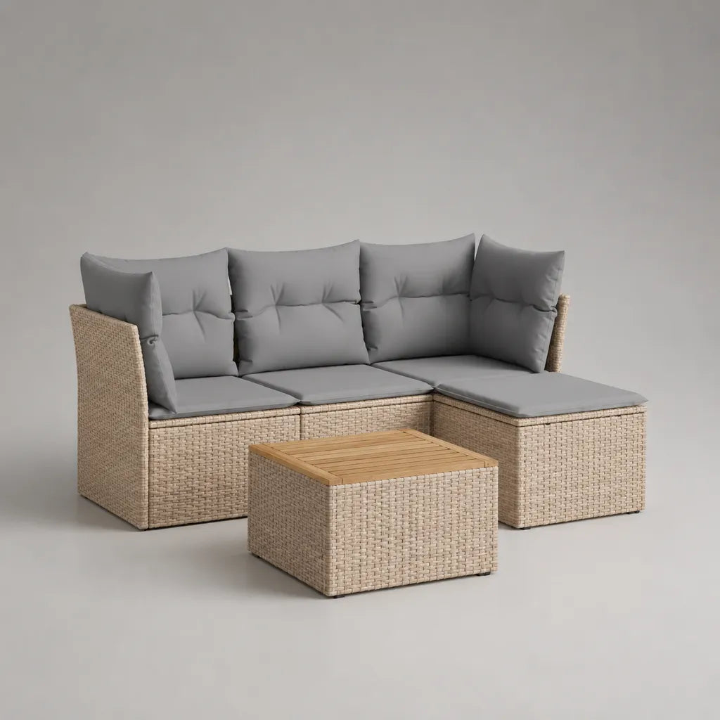 Ensemble canapé de jardin d’angle 3 places en résine tressée beige clair avec méridienne droite, table basse et coussins gris, canapé 200 × 130 × 72 cm, table 60 × 60 × 35 cm
