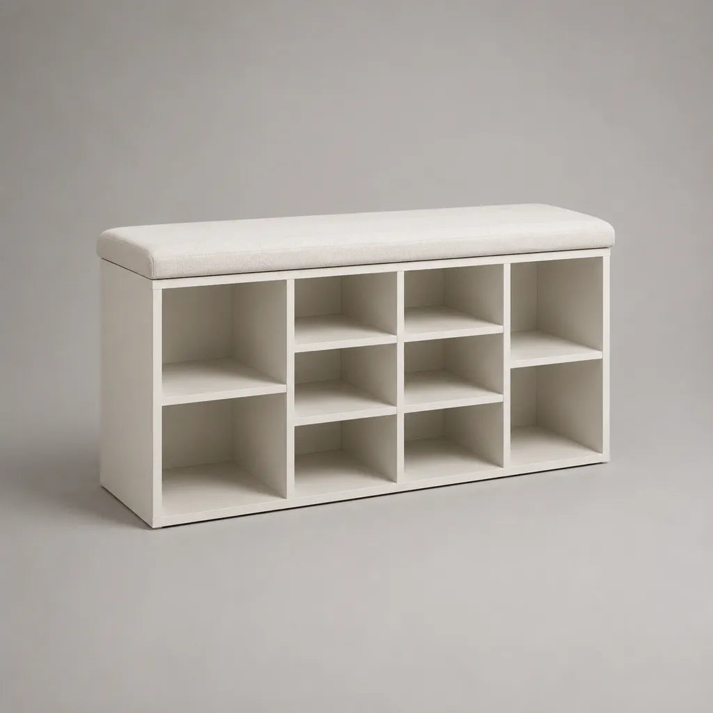 Banc à chaussures rembourré blanc en panneaux de particules et tissu, 10 compartiments, 100 × 30 × 50 cm