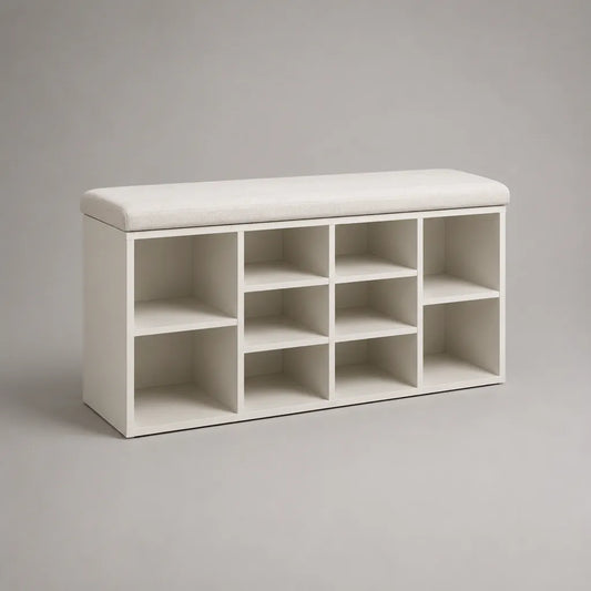 Banc à chaussures rembourré blanc en panneaux de particules et tissu, 10 compartiments, 100 × 30 × 50 cm