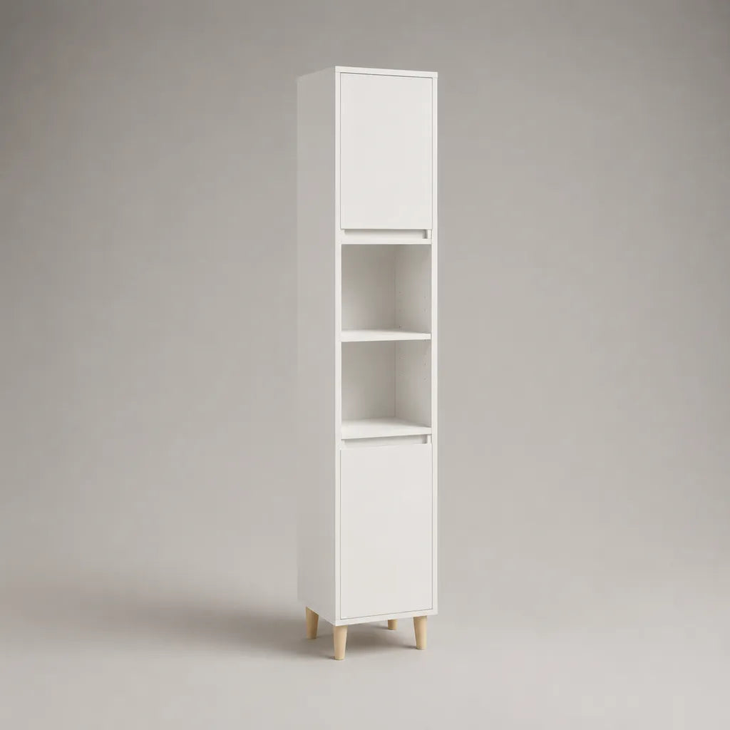 Colonne de salle de bain sur pieds avec 2 portes et 2 niches, panneaux de particules mélaminés blanc et bois clair, 170 x 30 x 30 cm