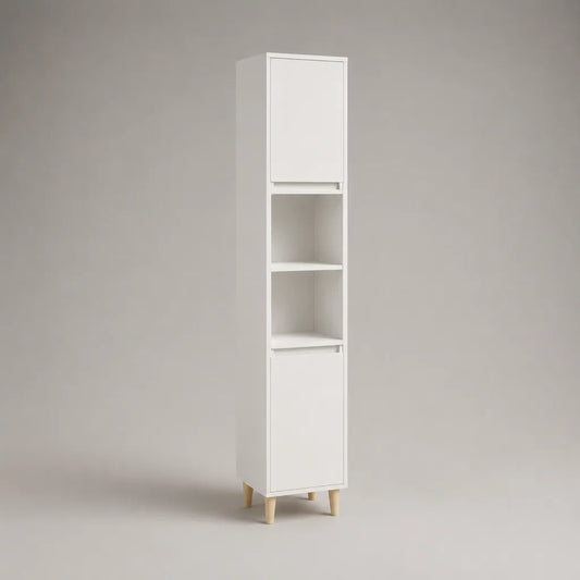Colonne de salle de bain sur pieds avec 2 portes et 2 niches, panneaux de particules mélaminés blanc et bois clair, 170 x 30 x 30 cm