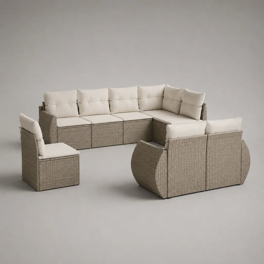 Salon de jardin modulable 7 places en résine tressée beige taupe avec coussins écrus, configuration en U, 315 × 220 × 75 cm