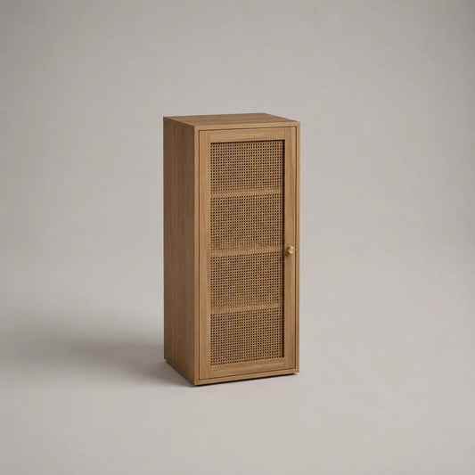 Meuble à chaussures étroit en bois et rotin, 1 porte, chêne naturel et laiton, 50 × 35 × 110 cm