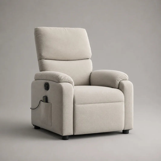 Fauteuil relax électrique inclinable en tissu beige clair avec repose-pieds, 98 × 95 × 105 cm