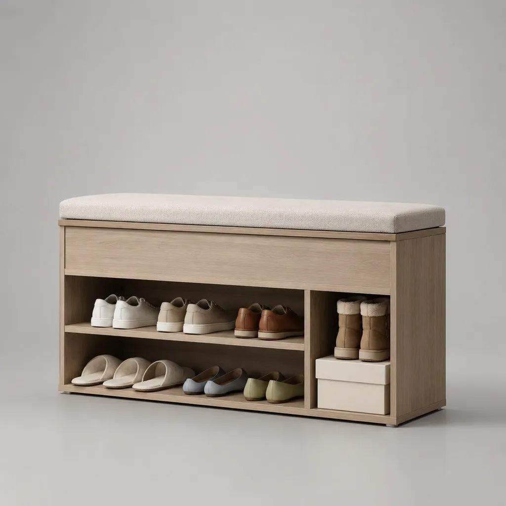 Banc à chaussures rectangulaire avec assise rembourrée et 3 niches, effet chêne clair et beige, 100 × 35 × 50 cm