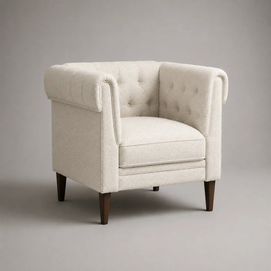 Fauteuil club 1 place en tissu bouclette écru avec dossier capitonné et pieds en bois, 82 x 78 x 79 cm