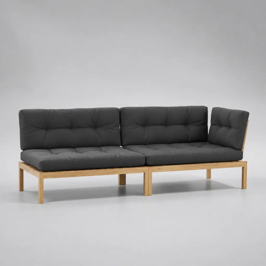 Canapé de jardin 3 places en bois, ensemble de 2 modules avec coussins gris anthracite, 204 x 76 x 72 cm