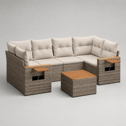 Ensemble canapé de jardin d’angle 4 places en résine tressée PE taupe avec coussins beiges et table basse, 250 × 190 × 90 cm