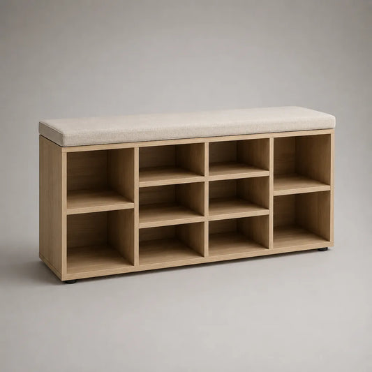 Banc meuble à chaussures rectangulaire en panneaux de particules avec 10 compartiments et coussin en polyester, chêne clair et beige, 120 × 35 × 60 cm