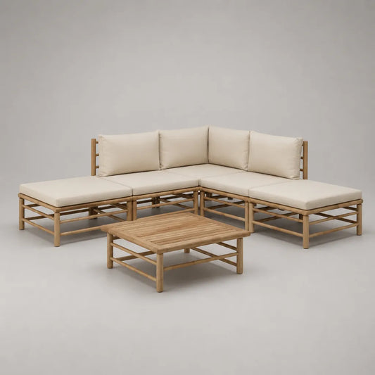 Salon de jardin d’angle 6 pièces en bambou massif avec coussins écrus, 210 × 210 × 72 cm