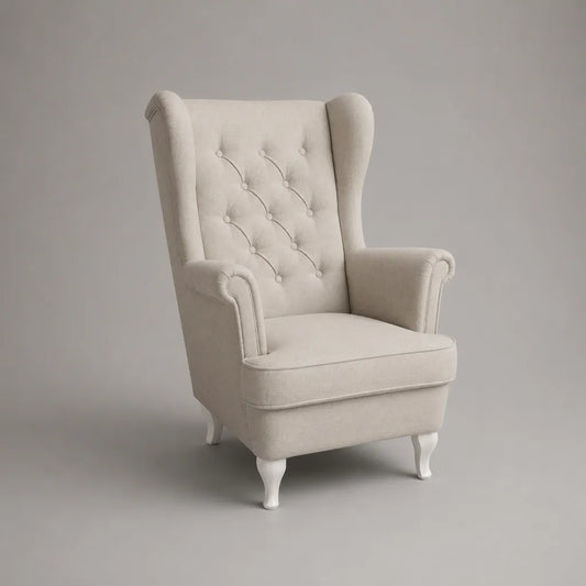 Fauteuil bergère à oreilles en tissu beige et pieds blancs, 82 × 88 × 112 cm