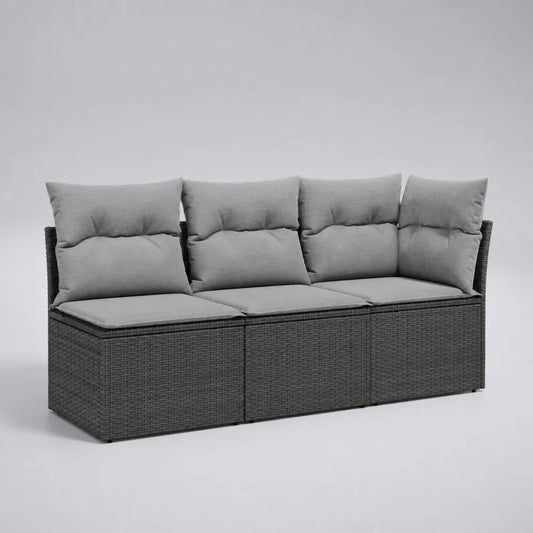 Canapé de jardin 3 places avec 3 coffres de rangement en résine tressée PE gris anthracite et coussins gris clair, 198 × 65 × 92 cm