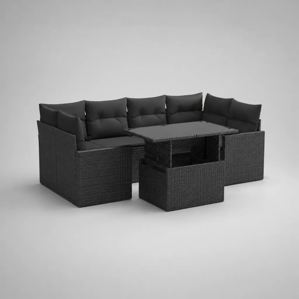 Salon de jardin d’angle 9 places en résine tressée noire avec table et 2 tabourets, 240 × 180 × 73 cm