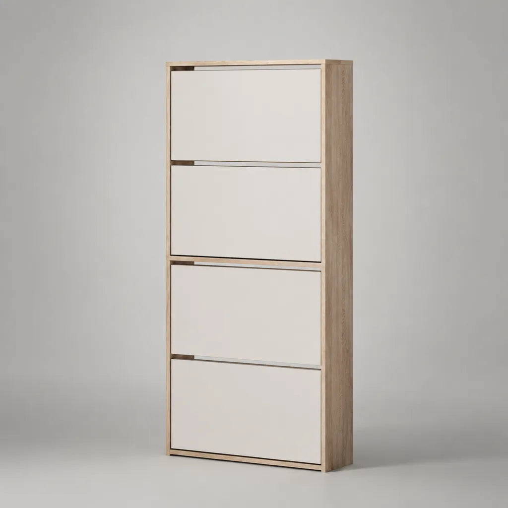 Meuble à chaussures étroit en panneaux de particules, 4 portes abattantes, blanc cassé et chêne clair, 63 × 24 × 160 cm