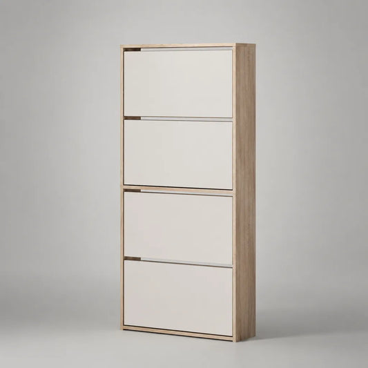Meuble à chaussures étroit en panneaux de particules, 4 portes abattantes, blanc cassé et chêne clair, 63 × 24 × 160 cm